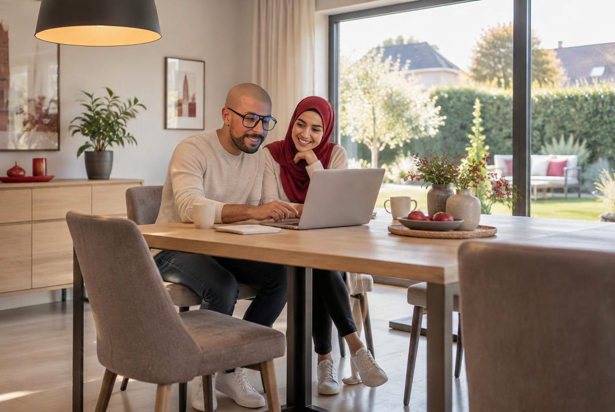 Een blij koppel vraagt samen een bezoek aan huis aan